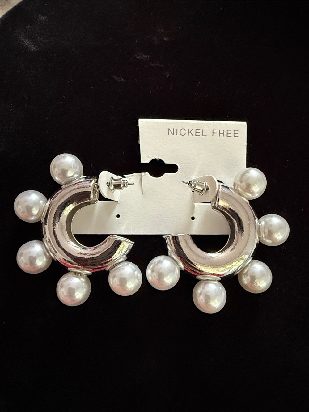 NWT Women’s 1.5” Pearl-Accent Silver Hoop Earrings - Nickel Free